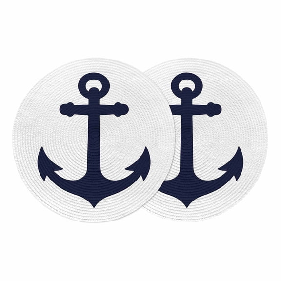 Nautical Anchor Round 15 Inch Placemats Set of 2, Farmhouse Minimalist White Abstract Art HeatResistant Non Slip Place Mats for Dining Table, Wipeable Braided Kitchen Table Mats for Housewarming