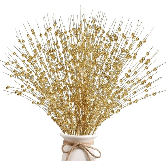 10 Pcs Gold Artificial Glitter Berry Stems Decorations, 20 inch Decorative Bead Sticks Glittery Twigs Branches Ornaments for Christmas Tree Vase