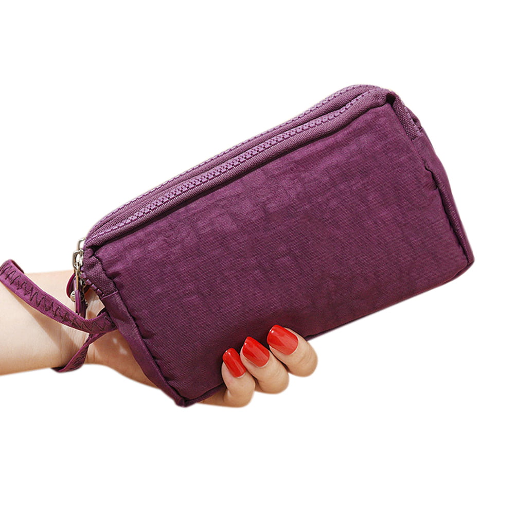 Dual Layers Zipper Purse Waterproof Nylon Wristlet Bag Clutch Handbag Cell Phone Pouch Card Money Wallet 