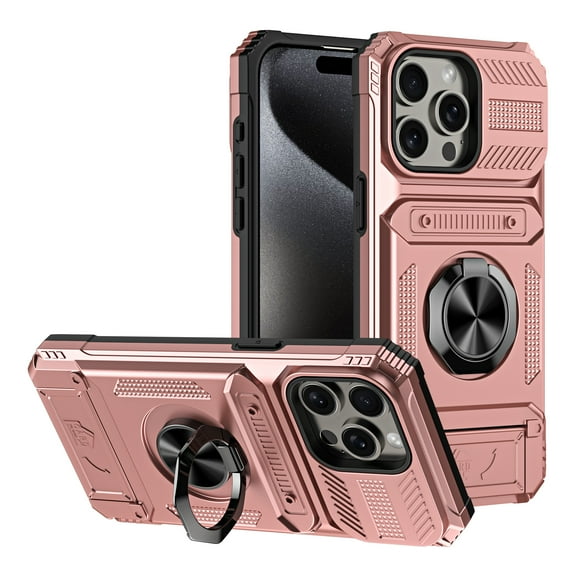 JTCASES for iPhone 14 Pro Case with Card Holder, Rotating Kickstand Car Mount Heavy Duty Shockproof Hybrid Rugged Drop Protective Cover for Women Men Girls 6.1 inch, Rosegold