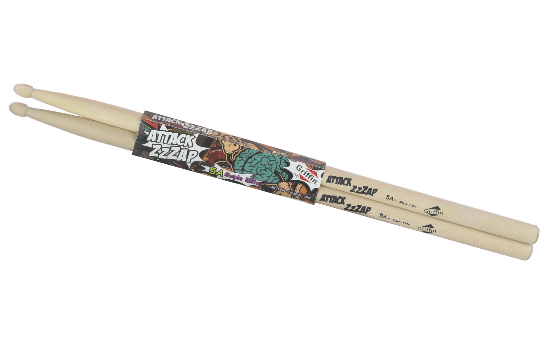 12 Pairs of Select Elite Maple Wood Drum Sticks by Griffin Attack Zzzap - Size 5A Balanced, Level and Straight - Drummers Percussion Classic Pure Grit Uncoated, Raw Wood Drumming Sticks