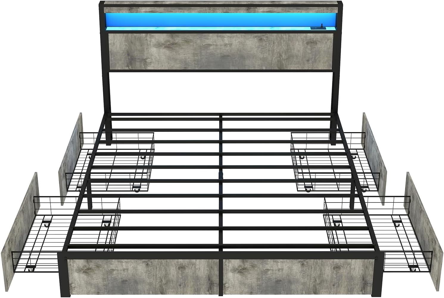 DRNANLIT King Size LED Bed Frame with Storage Headboard and 4 Drawers Charging Station,Gray