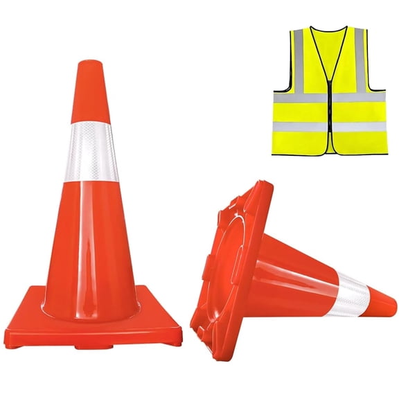 28 inch 2 Pack Traffic Safety Cones ,Orange Cones with Reflective Collar Include Reflective Vest, PVC Construction Cones for Parking Lot, Construction Events, Road Safety