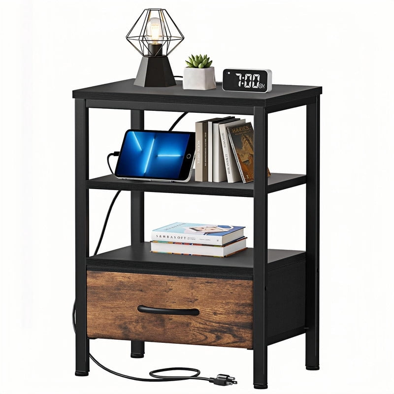 Kelno Nightstand with Fabric Drawer Charging Station USB TypeC Outlets Small Bedside Table with Wood Top Adjustable Shelf, Black Brown