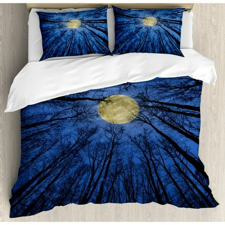 Woody Duvet Cover Ambesonne Forest Home Full Moon Illumination in Woods Star Night Heavenly Lunar Treetops Up Space Art Duvet Cover Set ()