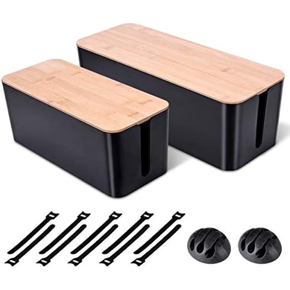 2 Pack Large Cable Management Box – Wooden Style Cord Organizer Box and Cover for TV Wires, Computer, Router, USB Hub and Under Desk Power Strip – Safe ABS Material and Baby-Pets Proof Lock (Black)