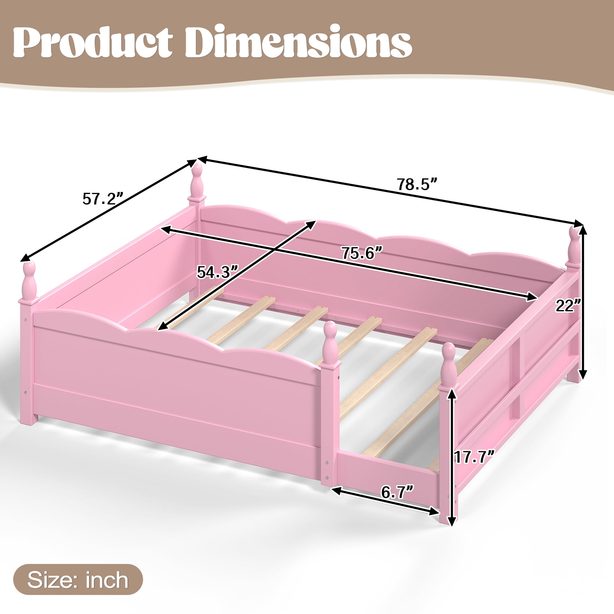Montessori Full Floor Bed with Full-Length Guardrails and Bookshelf, Low Profile Kids Bed with Childlike Design, Pink