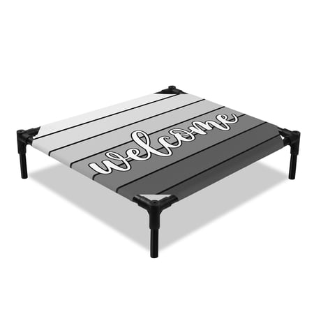Welcome Text Elevated Dog Bed Minimalist Charcoal Ash White Stripes Wood Grain Cooling Breathable Outdoor Raised Dog Cot Bed with Metal Frame Non-Slip Feet for Small Dog 20x20in