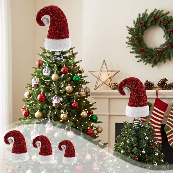 Santa Hat Christmas Tree Topper, Cute Cloth Foam Tree Top Ornament, Holiday Decor for Indoor & Outdoor Christmas Tree (L Size, 30×12×10cm)
