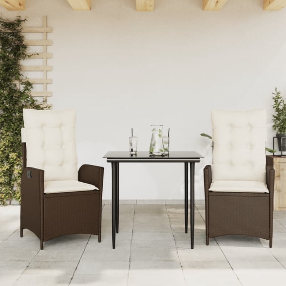 vidaXL 3 Piece Patio Dining Set with Cushions Brown Poly Rattan