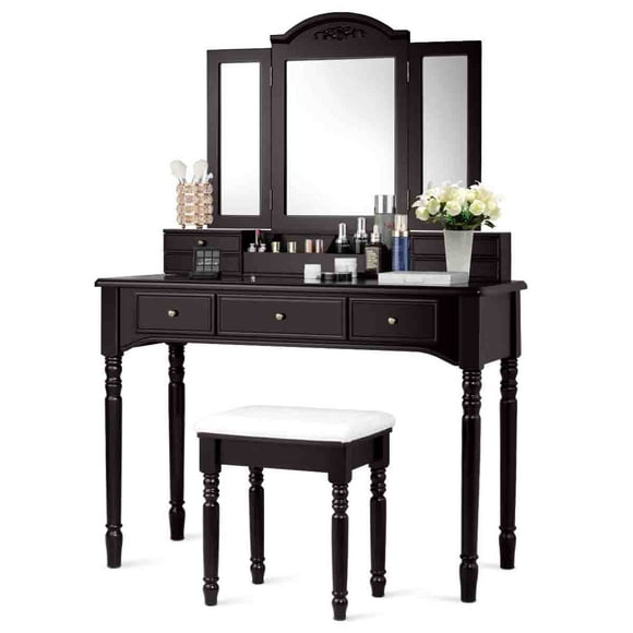 Topbuy 7 Drawers Tri-Folding Vanity Mirror Makeup Dressing Table Set w/ Necklace Hook Coffee