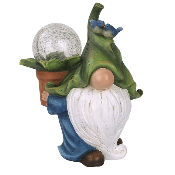 Solar LED Garden Gnome Statue Outdoor Accent Resin Craft Figurine Garden Decor Cracked Glass Ball Light Patio Accent