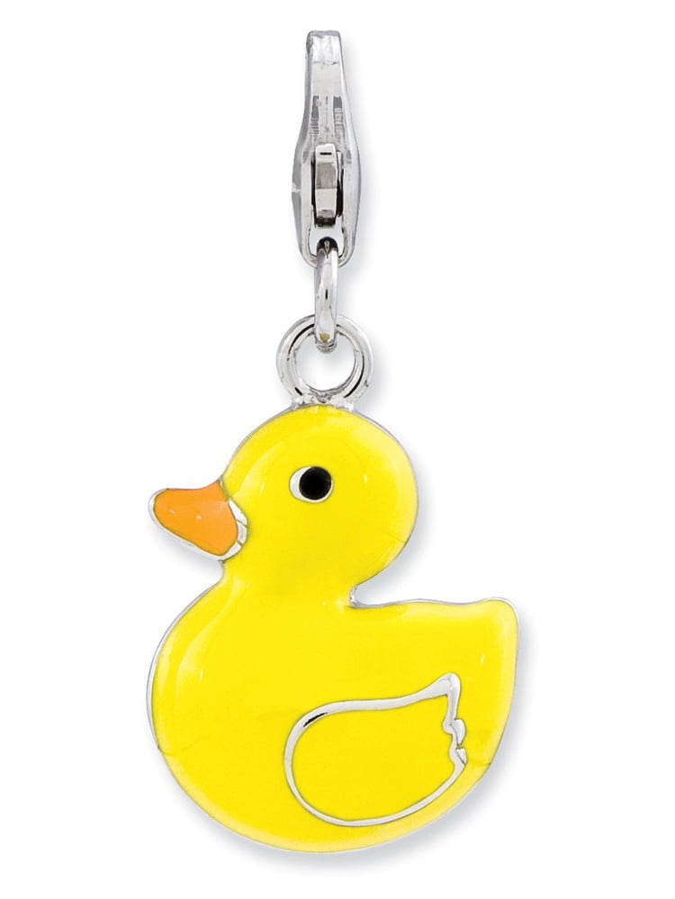 Sterling Silver Solid Rhodium-plated Fancy Lobster Closure 3-D Enameled Duck With Lobster Clasp Charm Measures 27x17mm