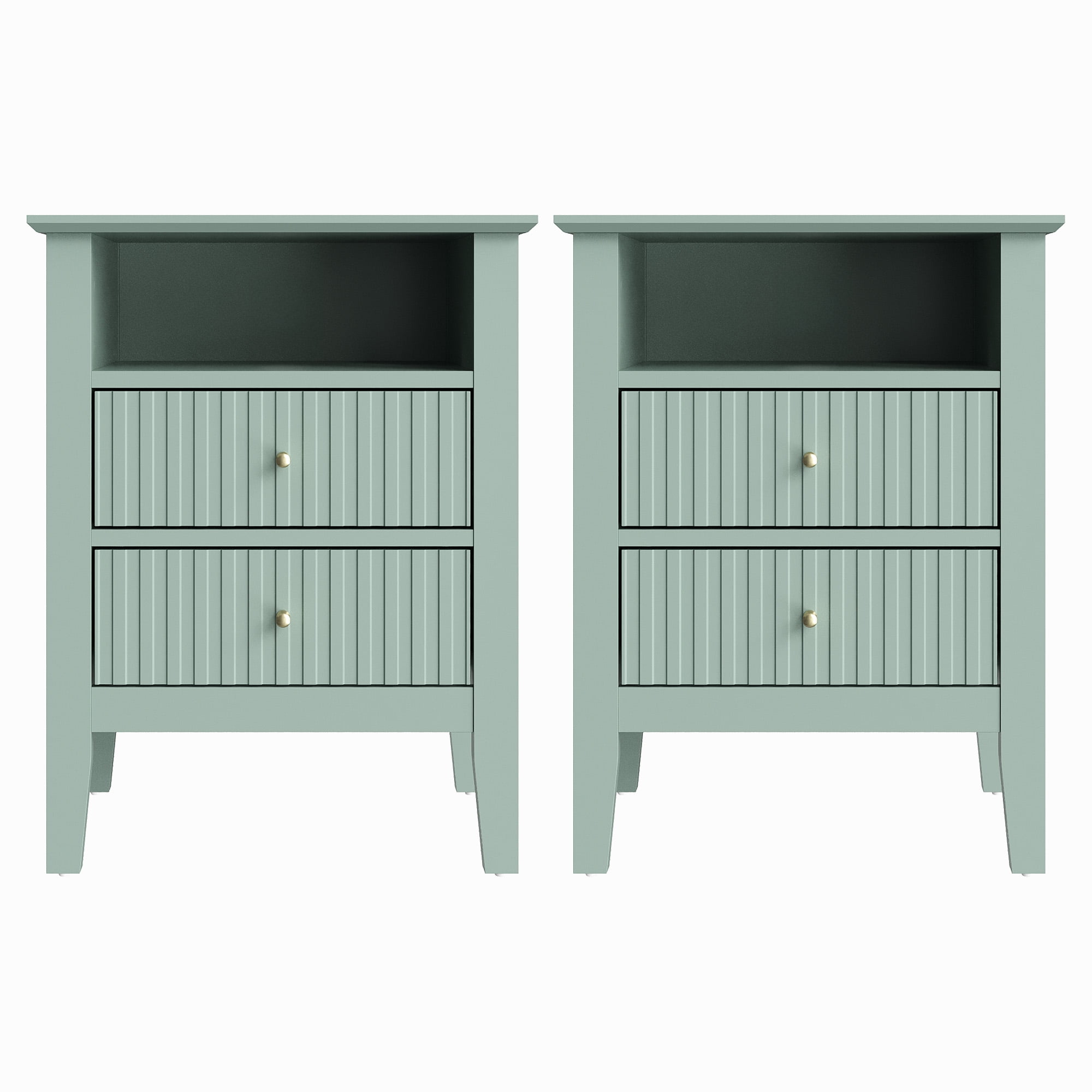 Heynemo Green Fluted Nightstand with 2 Drawers Set of 2, Modern Wooden Sofa Table for Small Spaces, Tall End Table for Bedroom, Living Room
