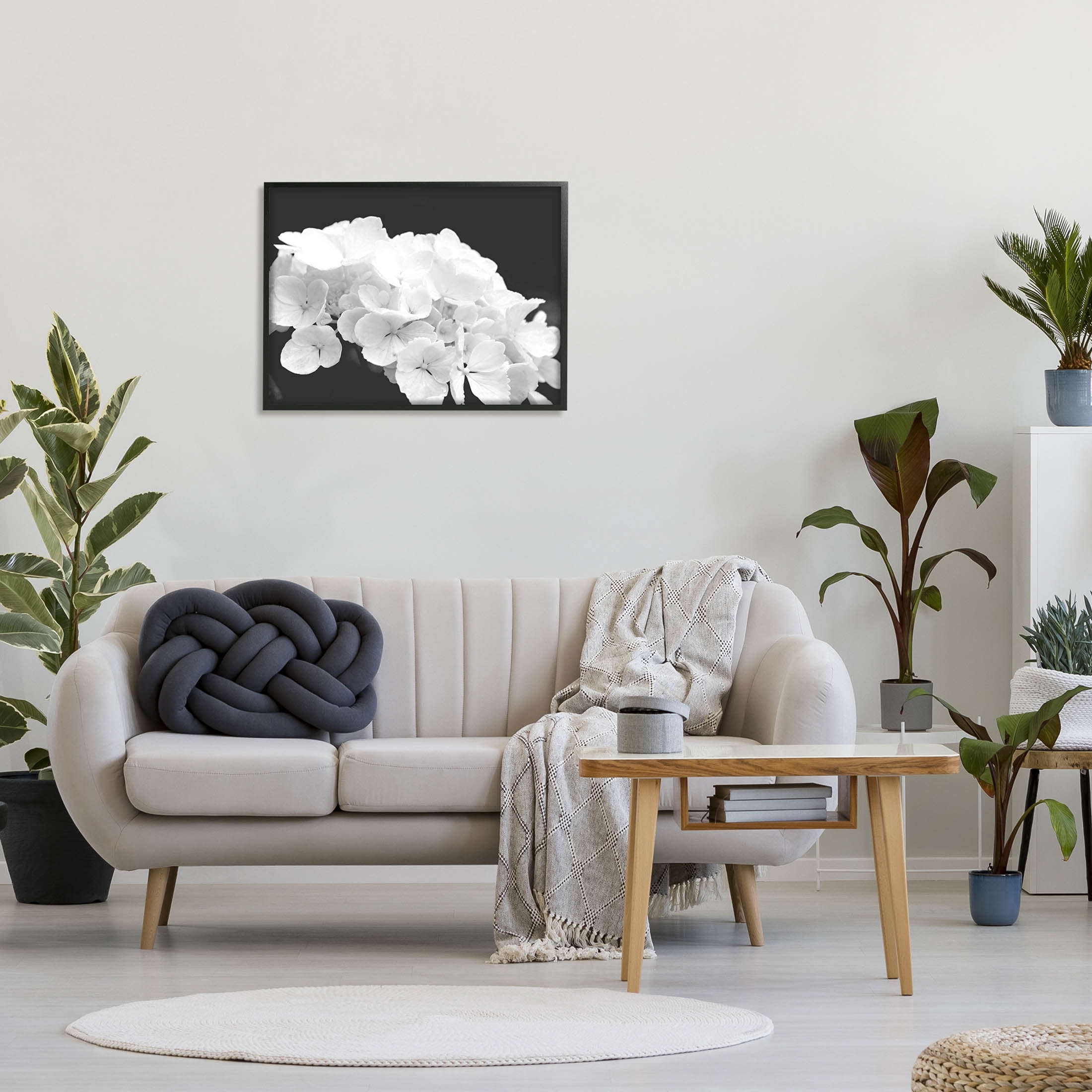 Delicate White Hydrangea Petals Botanical & Floral Photograph Black Framed Art Print Wall Art