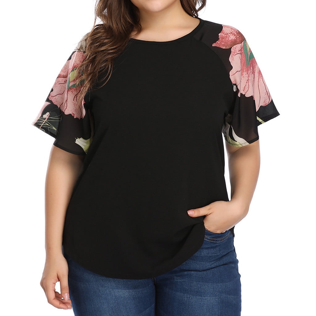 T-shirt Blouse Solid O-Neck Fashion Floral Tops Women Print Sleeve Casual  Short Plus Size Tops plus Size Summer Tops for Women Womens Layering Tops  plus Size Jacket plus Size Shirts Womens Tunic -