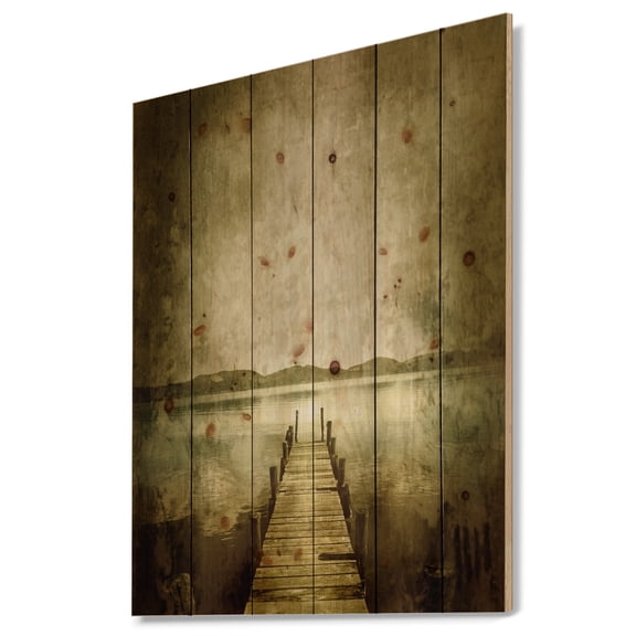Designart 'Vintage Pier Over Lake' Landscape Print on Natural Pine Wood