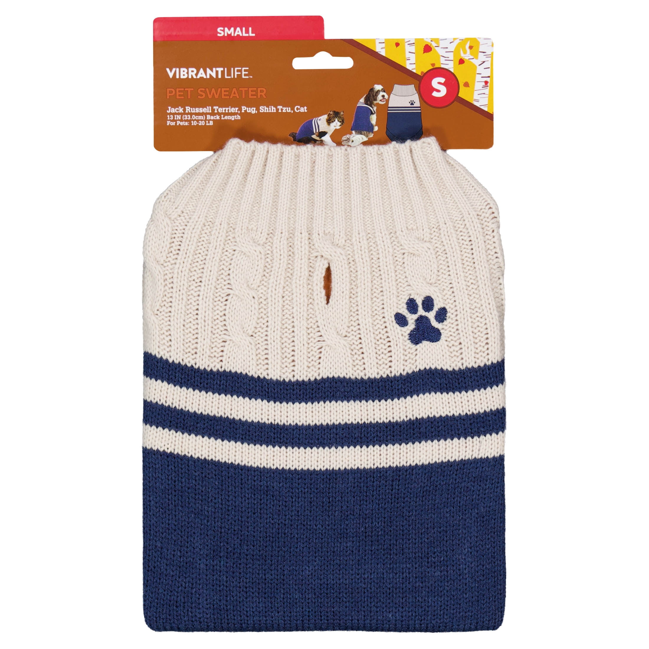 Vibrant Life Cable Knit Sweater for Dogs and Cats, Paw Print, Cream and Navy, S