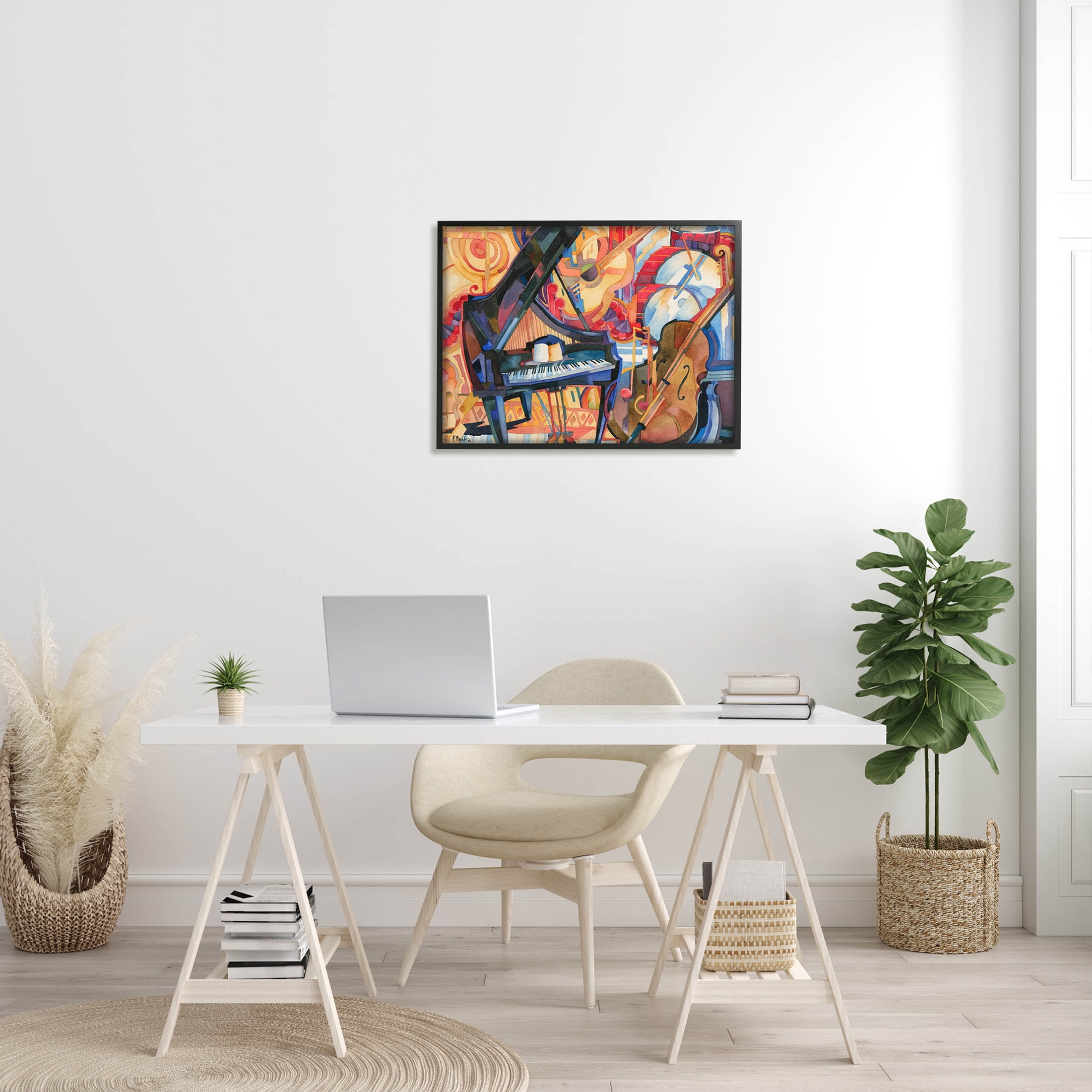 Stupell Industries Big City Music Piano Cubism Painting Black Framed Art Print Wall Art, Design by Paul Brent