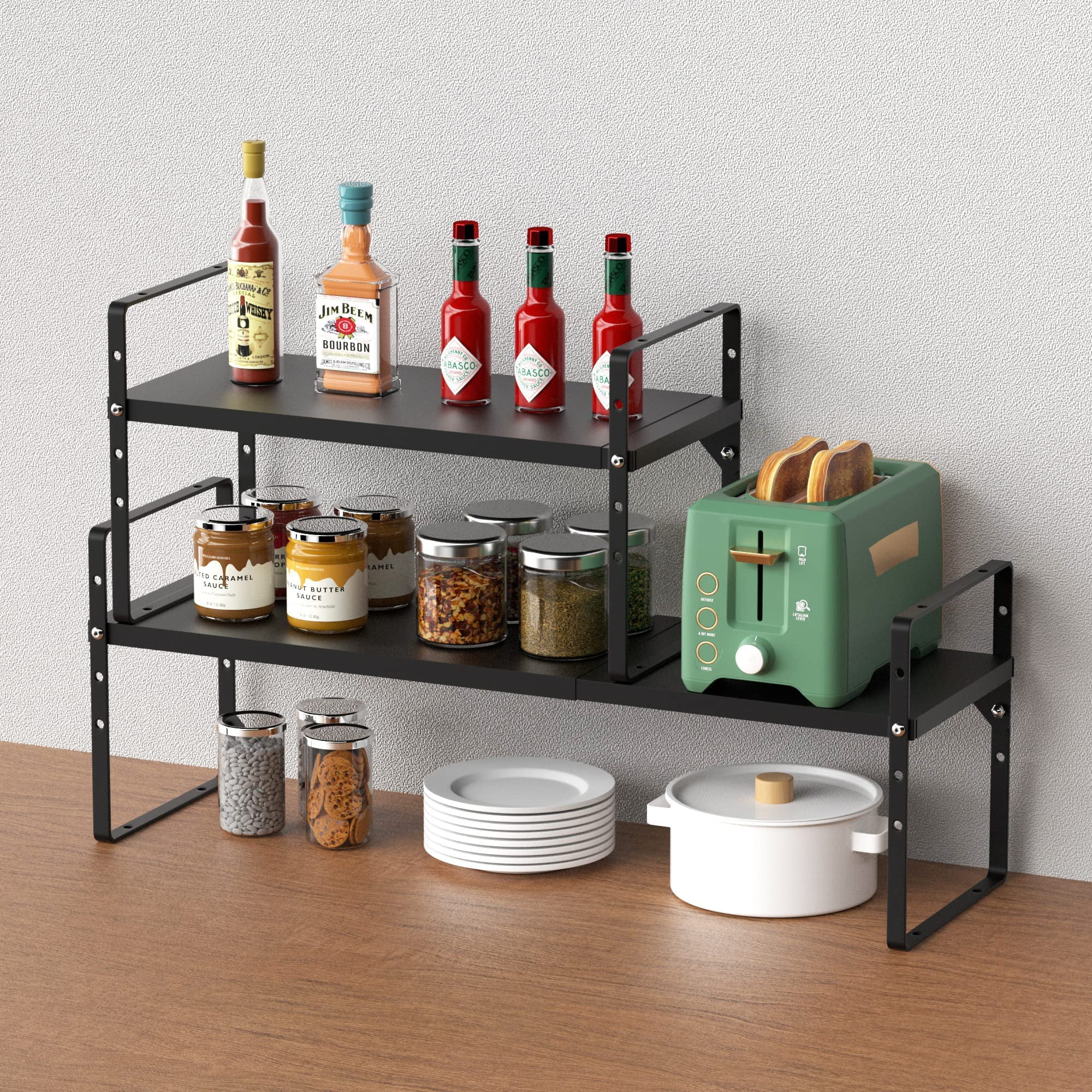 SANNO Expandable Kitchen Cupboard Organizer, Stackable Cabinet Shelf Organizer Storage Rack, Countertop Organizer Kitchen Pantry Cupboard Pantry Organization and storage,Black, 10"W, 1 pack