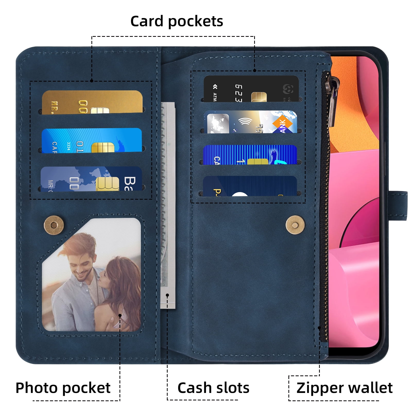 Asuwish Phone Case for Samsung Galaxy A20s Wallet Cover With Tempered Glass Screen Protector Crossbody Wrist Strap Flip Pattern Zipper Credit Card Holder Stand Cell A 20s Plus A207M Women Men Blue
