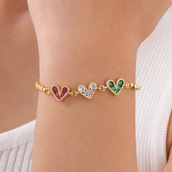14K Gold Plated Heart Link Chain Bracelets for Women, Adjustable Cubic Zirconia Heart Charm Beaded Bracelets, Copper Chain Bracelet & Bangle Jewelry Gifts