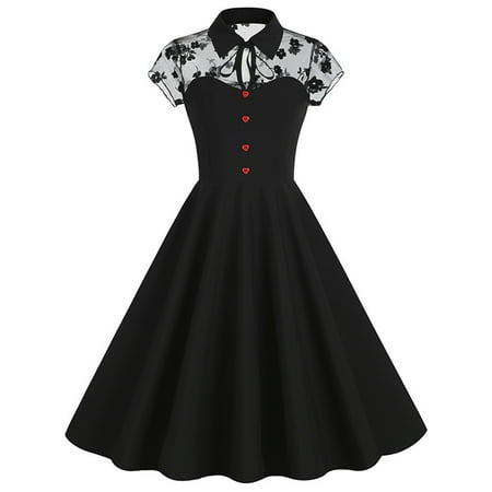 Women s Collared Vintage Long Dress Floral Lace Mesh Patchwork Short Sleeve Button Corset Tunic 50s Party Gowns (XX-Large  Red)