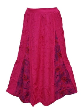 Mogul Women's Peasant Long Skirt Pink Embroidered Rayon Skirts