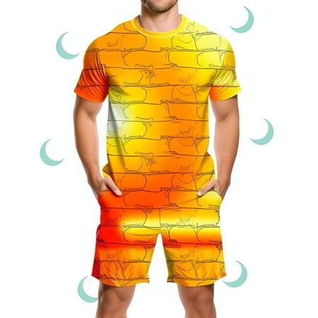 Vibrant Two-Piece Summer Outfit: Short - Sleeve Shirt & Shorts Set with Tree - Like Patterns on Gradient Yellow to Orange Background