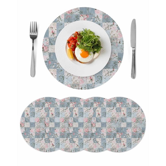 Blue Pink Botanical Round 13 Inch Placemats Set of 4, Spring Floral Vintage HeatResistant Non Slip Place Mats for Dining Table, Wipeable Braided Kitchen Table Mats for Housewarming