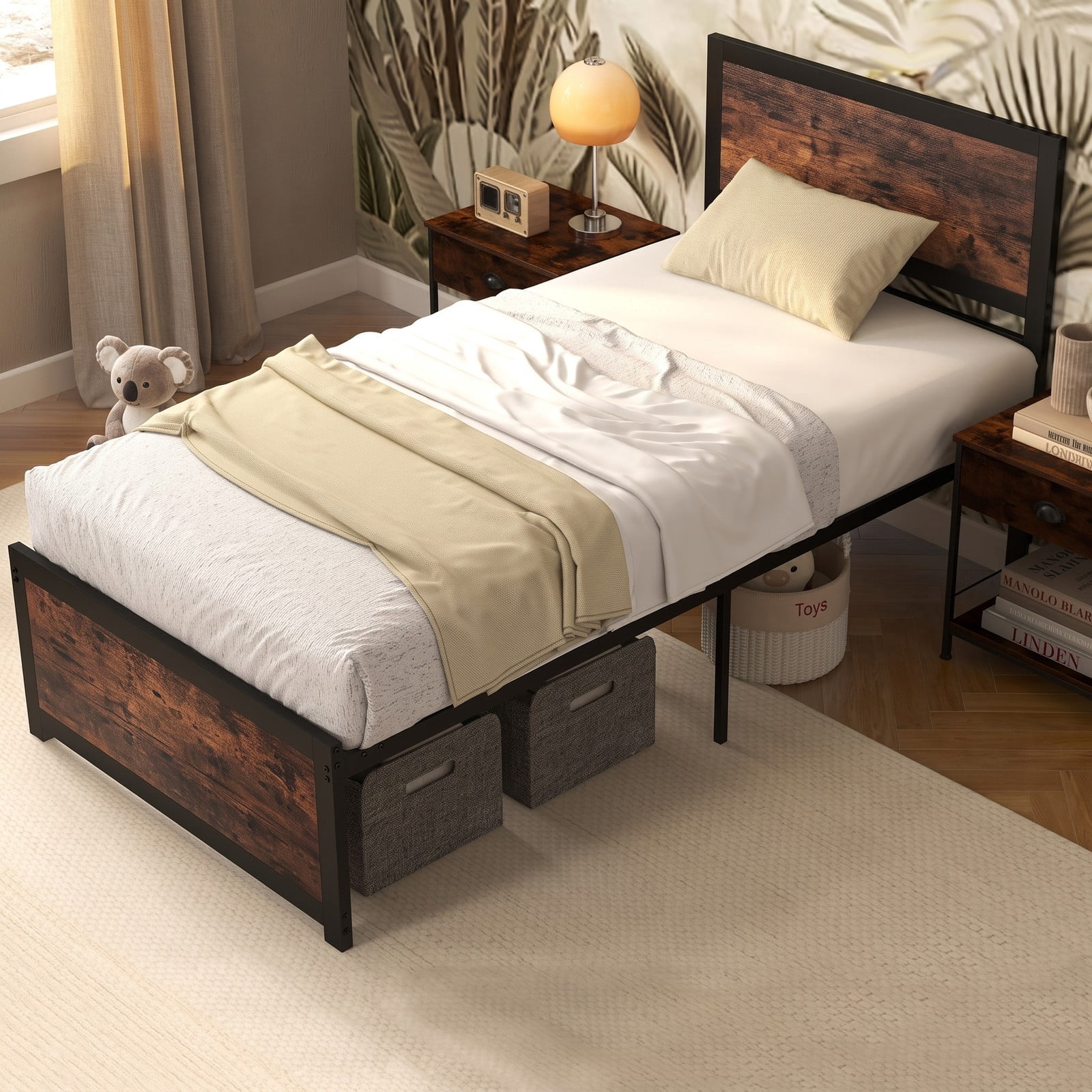 Furnibear Twin Bed Frame with High Wood Headboard, Heavy Duty Metal Platform Bed Frame with Mute Bars for Bedroom, Rustic Brown and Black