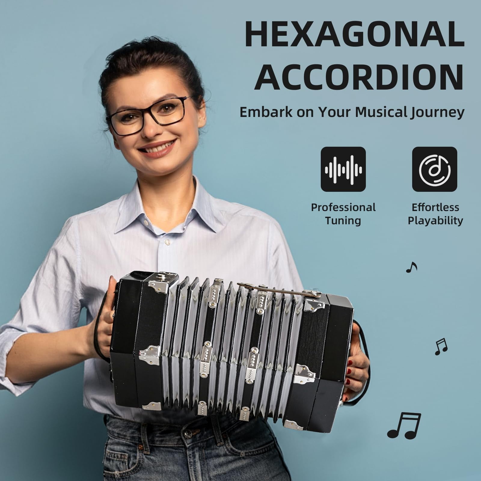 YueChun Concertinas,20-Key Accordion for Adults, Professional Accordion for Beginners, Adjustable Hand Straps, Instrument Accessories (Black)