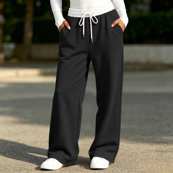 Spazoro Girls Sweatpants with Side Pockets, Fall Solid Color Elastic Drawstring Waist Loose Fit Casual Wide Leg Pants for Little Big Kids Black Size 14-15