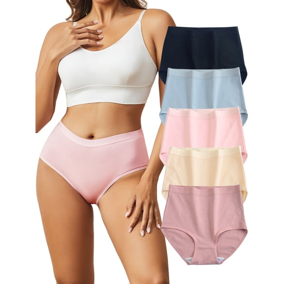 GaaiKei Womens Cotton Underwear High Waist Full Coverage Briefs Tummy Control Panties Stretch Underpants 5 Pack, Size 5