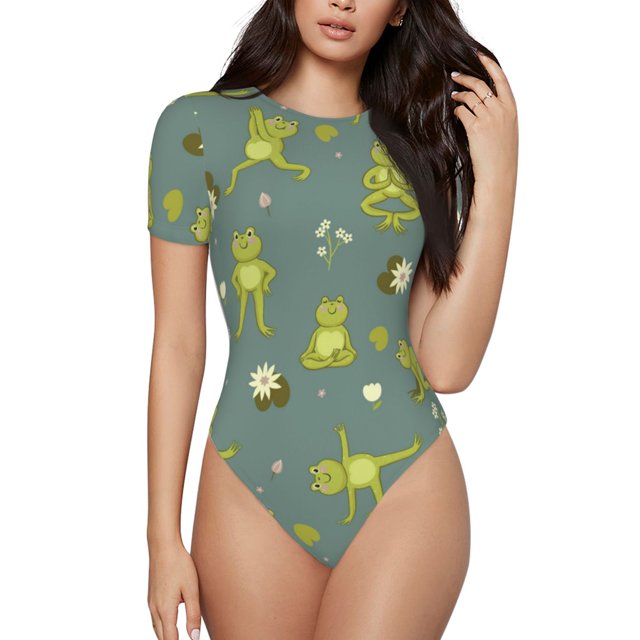 Balery Cute Yoga Frogs Body de cuello redondo de manga corta para mujer Tops de manga corta Tops básicos-Large