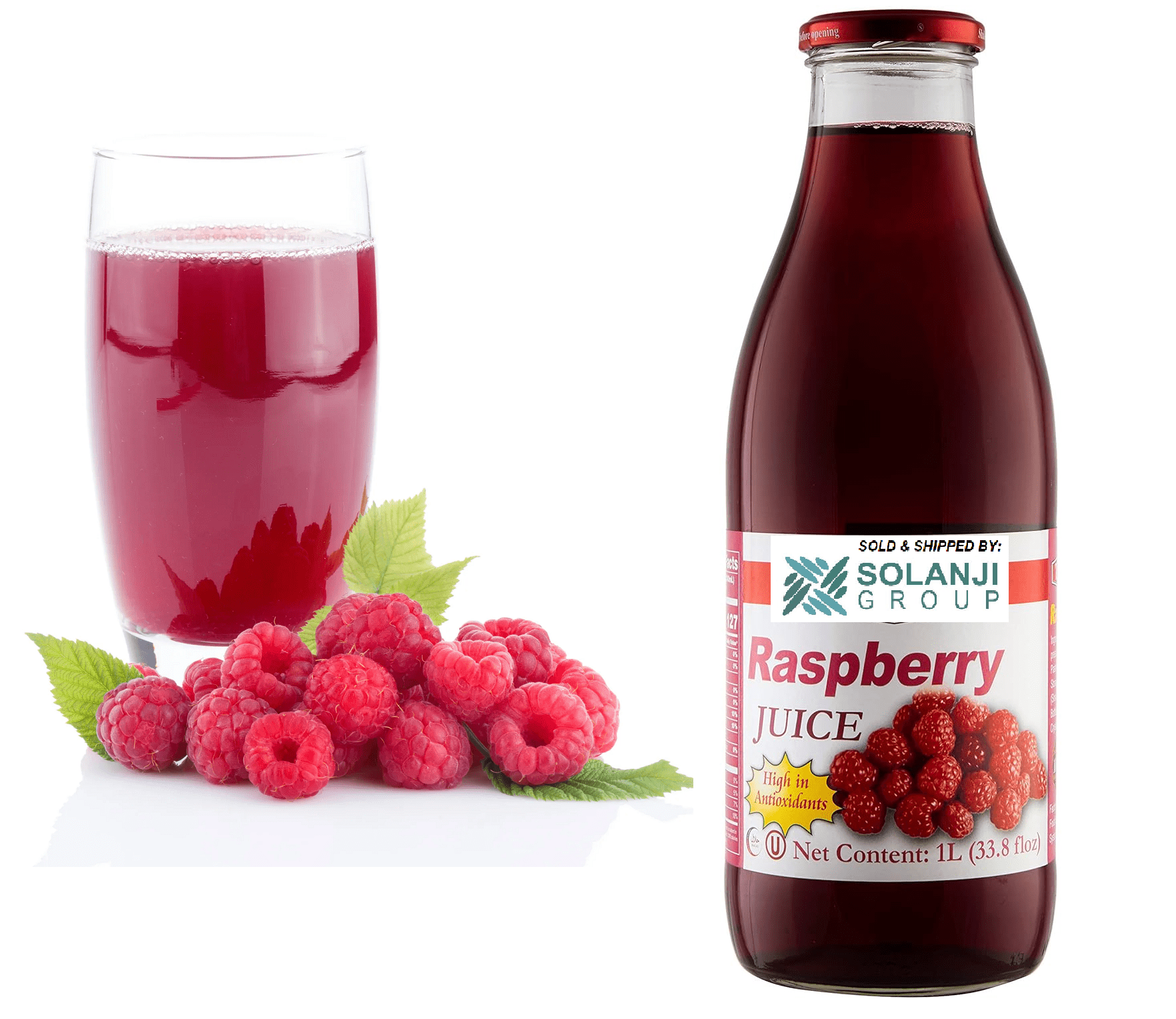 Raspberry Juice Net 33.8 fl.oz (1 Ltr.) - Four (4) Glass Bottles - High in Antioxidants