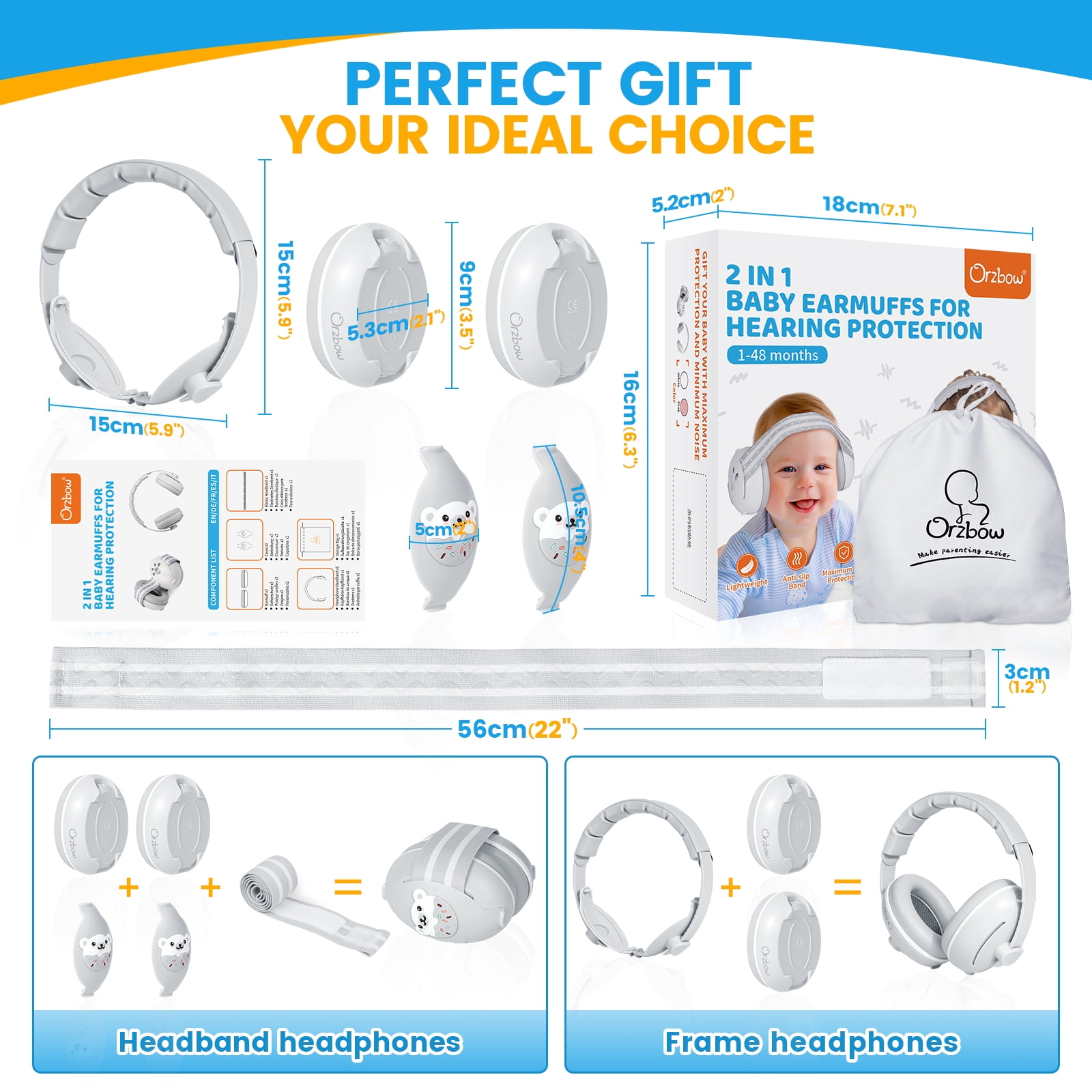 Orzbow Baby Noise Cancelling Headphones with Cute Bear Design for Babies Infant up to 48 Months, Ear Muffs Noise Protection with Non-Slip Band for Airplane Travel Sleep, Gray Bear