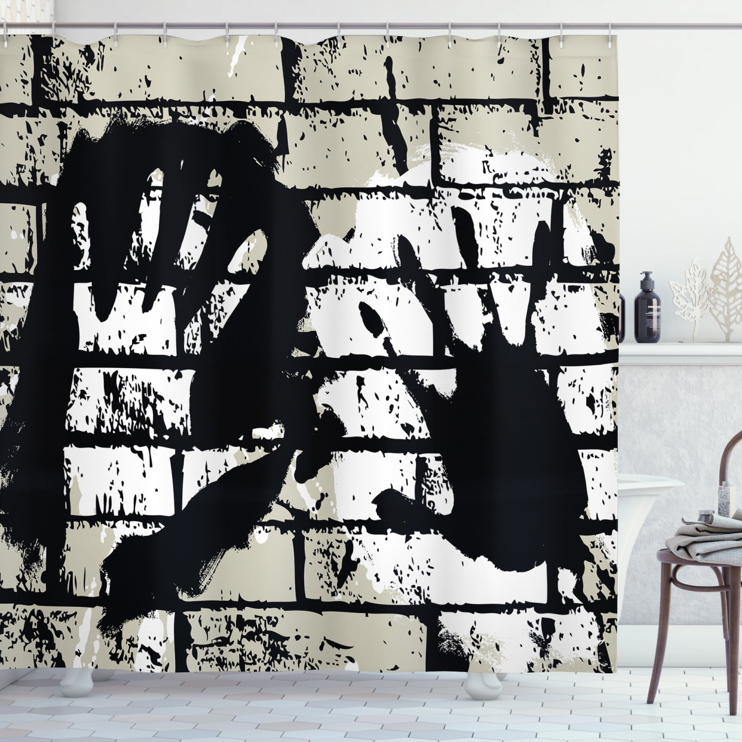 Urban Graffiti Shower Curtain, Sprayed Stencil Design of Hand Marks on Chalky Wall Pattern
