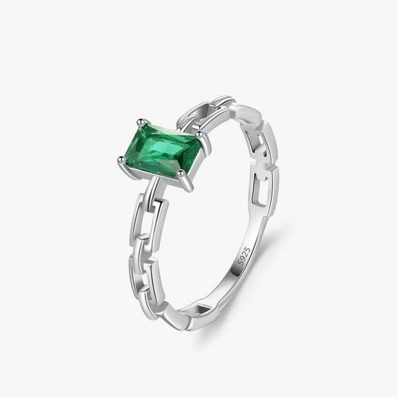 6x4MM Baguette-Cut Lab-Created Emerald Chain-Fix Shank Solitaire Engagement Ring in 925 Sterling Silver – Elegant and Timeless Jewelry for Women