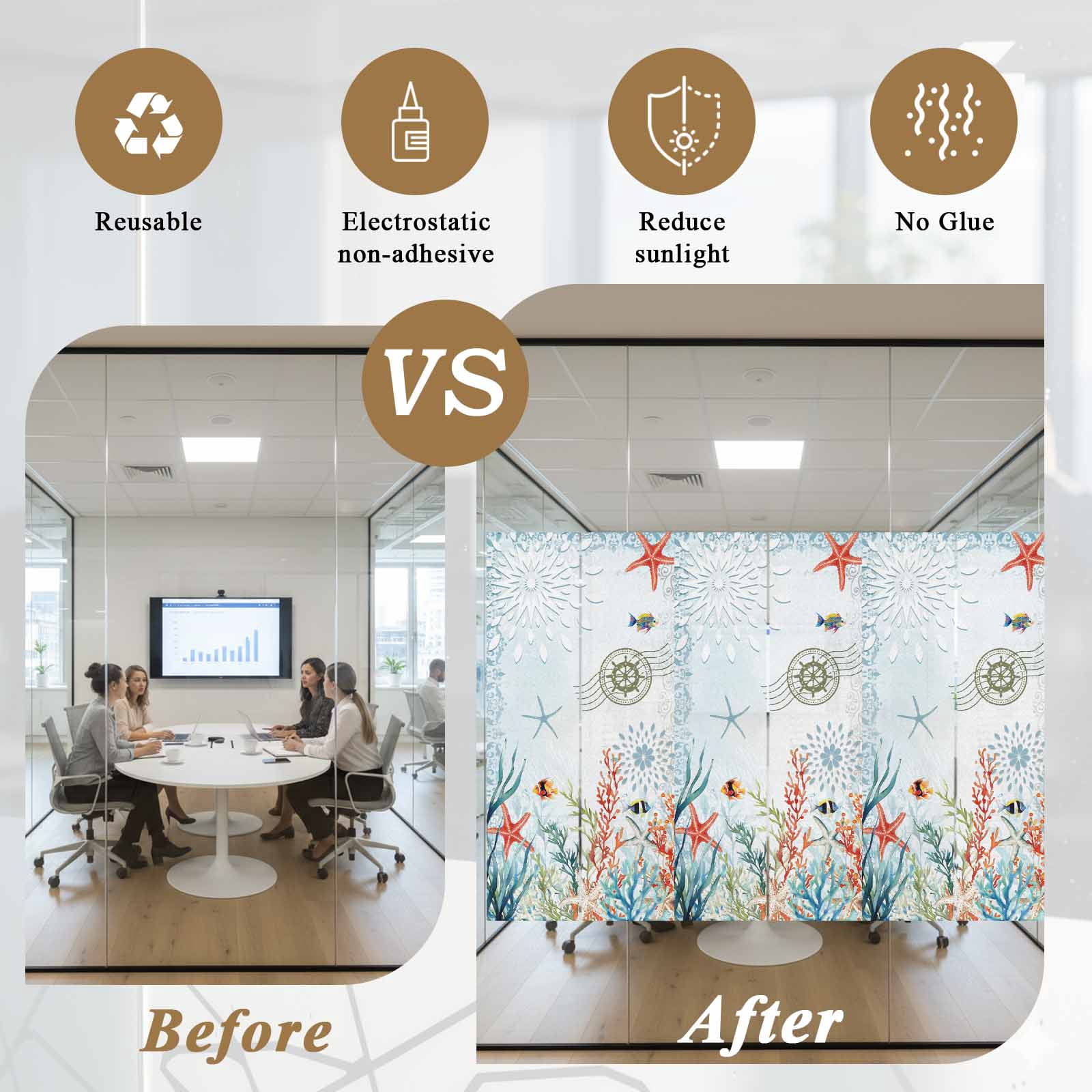 Coastal Blue Window Privacy Film, Ocean Coral Starfish Shell Nautical Seagrass Static Cling UV Sun Blocking Heat Control Window Tint, Non-Adhesive One Way Windows Privacy Cover 23.6''x59''