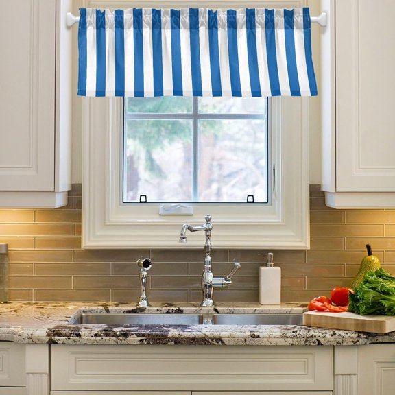 Window Curtain Valance White Blue Vertical Stripe Rod Pocket Valances for Kitchen Living Room 54 x 18 inch