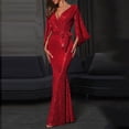 thumbnail image 6 of Lovskoo Wedding Guest Dresses for Women Evening Gown Trendy Casual V-Neck Solid Slim Sequin Dress Long Sleeved Cocktail Dresses 2023 Red, 6 of 6