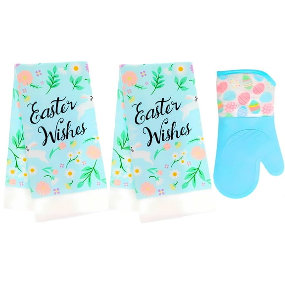 Easter Wishes Kitchen Towels, 15x25in and Oven Mitt, 3-Piece Easter-Themed Housewarming Gift Set Spring Collection Seasonal Egg Charm Stylish Decor Durable Multipupose Home Essential