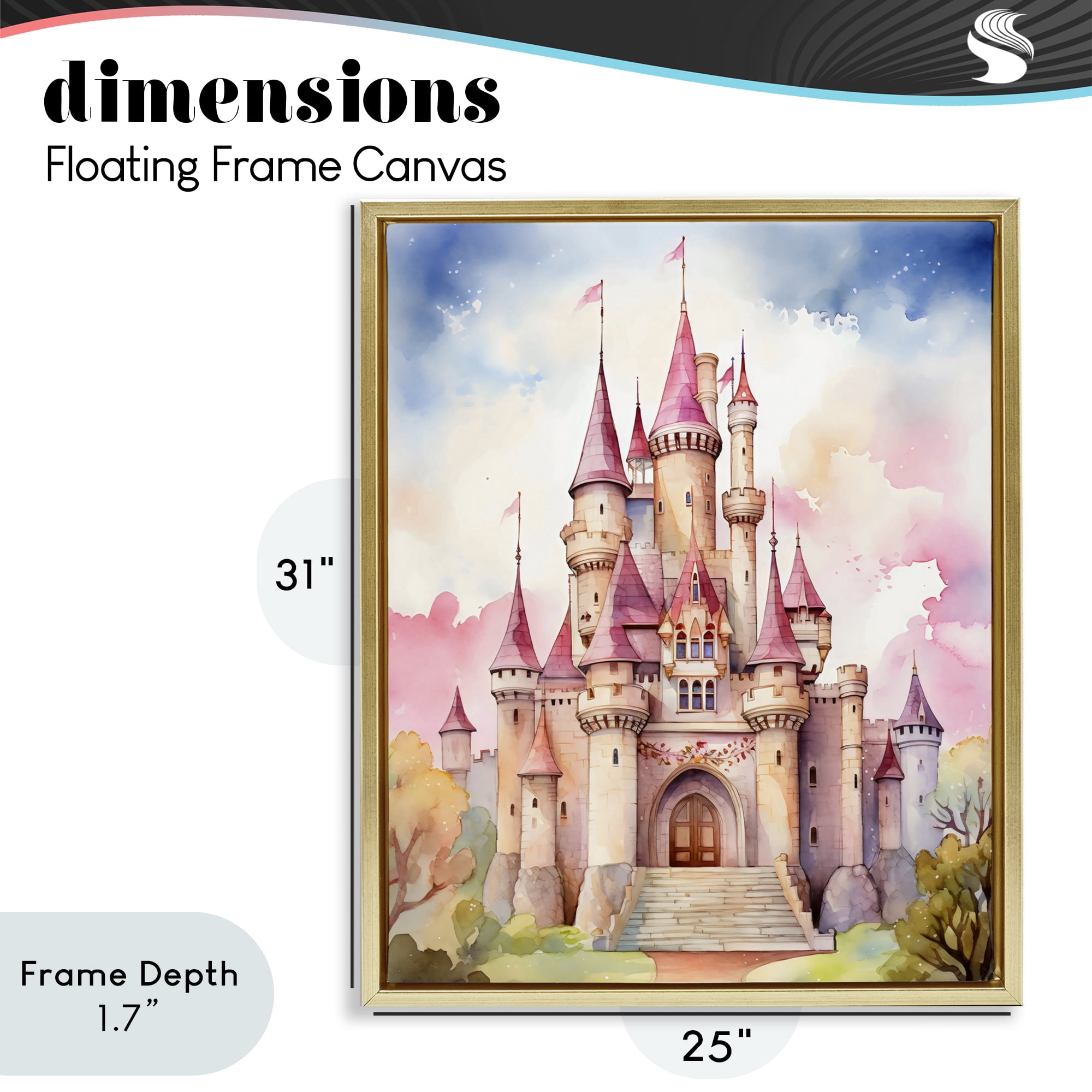 Stupell Industries Princess Castle Watercolor Portrait Gold Framed Floater Canvas Wall Art, design by Creative Studio
