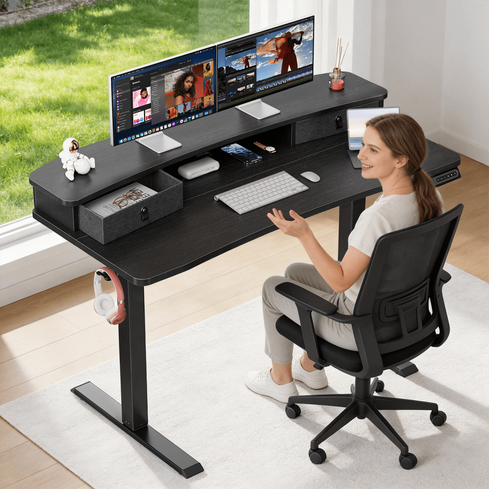 Kyspho Electric Standing Desk with Drawers, 48″ x 24″ Large Adjustable Height Computer Desk for Home Office, C-Clamp Compatible with 4 Presets, Black