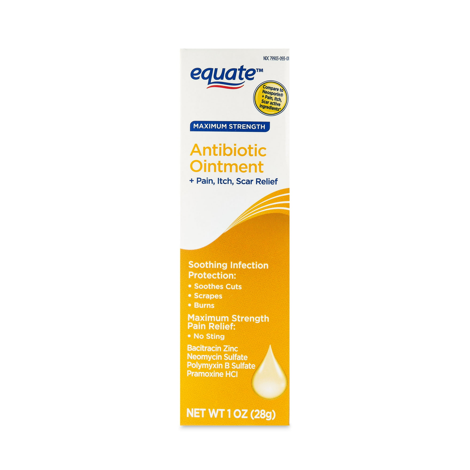 Equate Maximum Strength Antibiotic First Aid Ointment + Pain, Itch, and Scar Relief, 1oz, Compare to NeosporinÂ® + Pain, Itch, Scar Active Ingredients