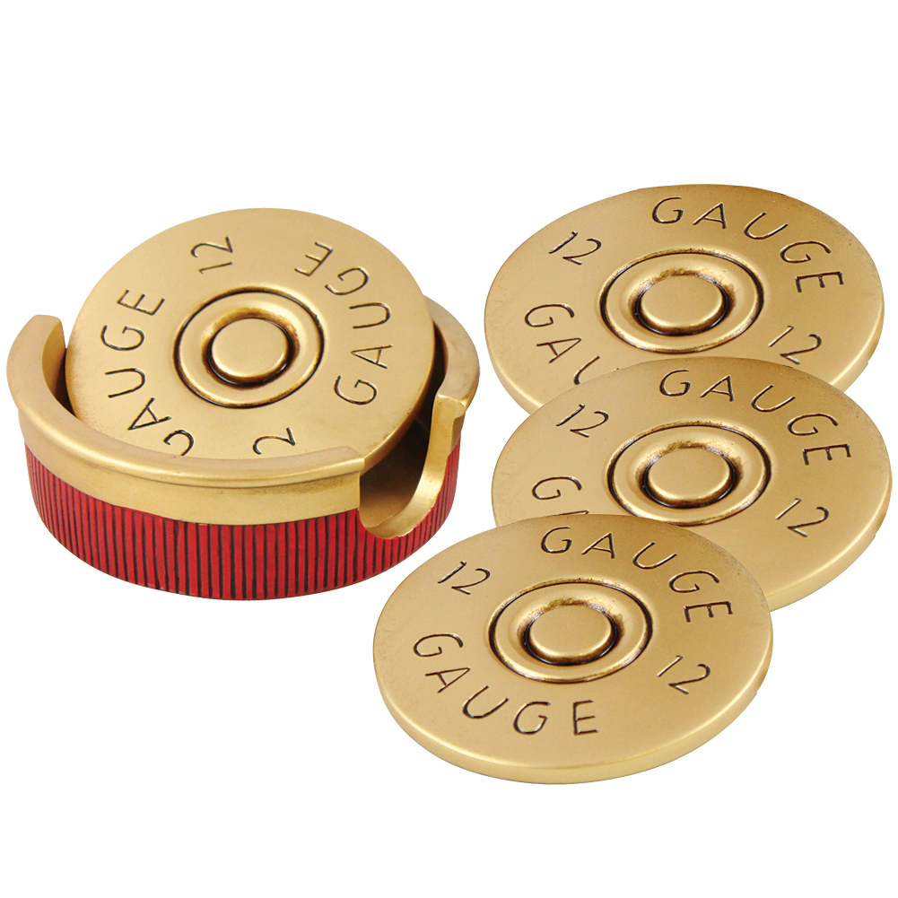 (Set/4) 12 Gauge Shotgun Shell Styled Resin Drink Coasters w/ Matching Caddy