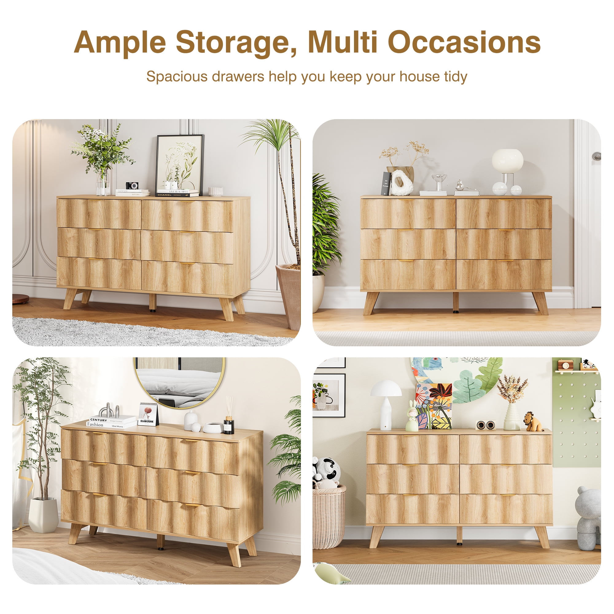 Weselon 6 Drawer Dressers for Bedroom, Modern Closet Chest of Drawers with Waveform Fluted Panel, Large Wood Storage Dresser Organizer for Bedroom Living Room Hallway Closet, Natural