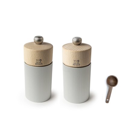 Peugeot Line Manual Salt & Pepper Mills Gift Set, alu, 12 cm - 4.75" Natural Wood - With Wooden Spice Scoop