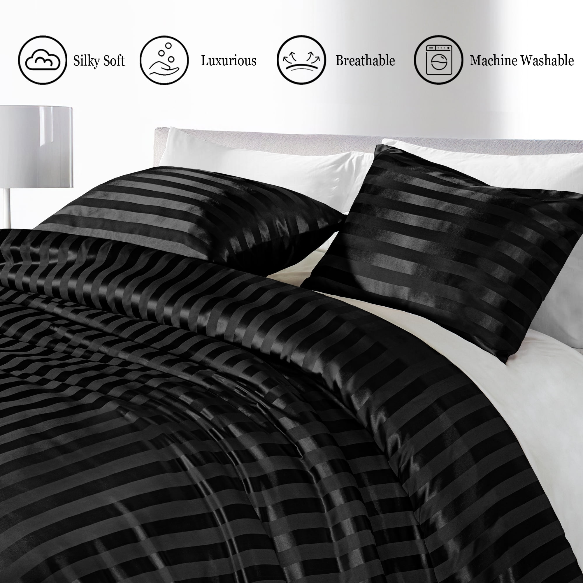 Whale Flotilla 3-Piece Luxury Stripe Satin King Size Comforter Set, Reversible Silky Soft Bedding Set with 2 Pillowcases, Lightweight All-Season Comforter, Black